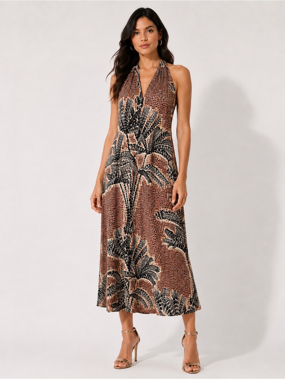 NIC+ZOE Dotty Palms Halter Satin Midi Dress Tropical Print Brown Black L NWT